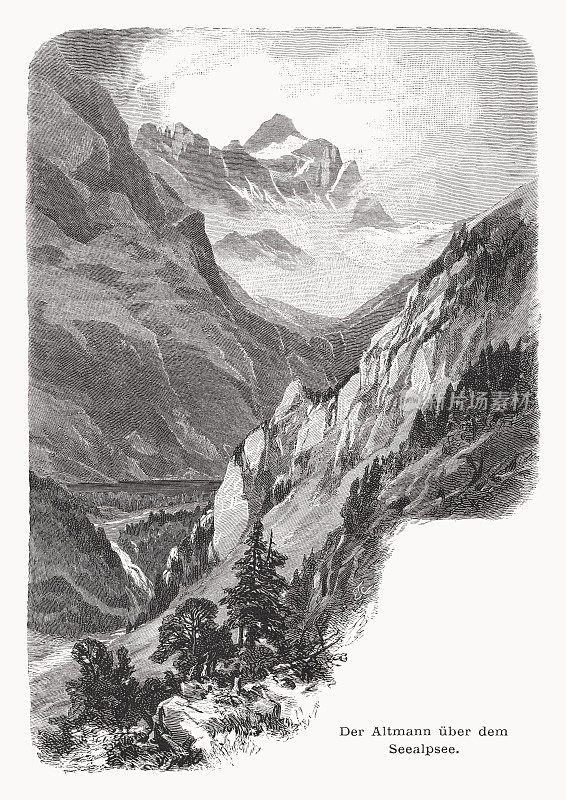 Seealpsee和Altmann, Appenzell Innerrhoden，瑞士，木版雕刻，1877年出版